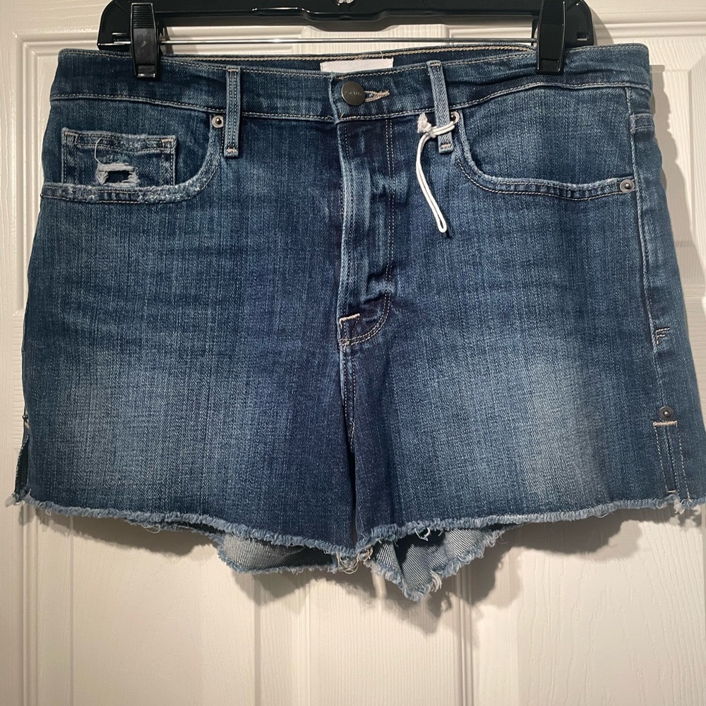 Women’s Frame Denim Blue Jean Shorts with Distressed Hem Size 30